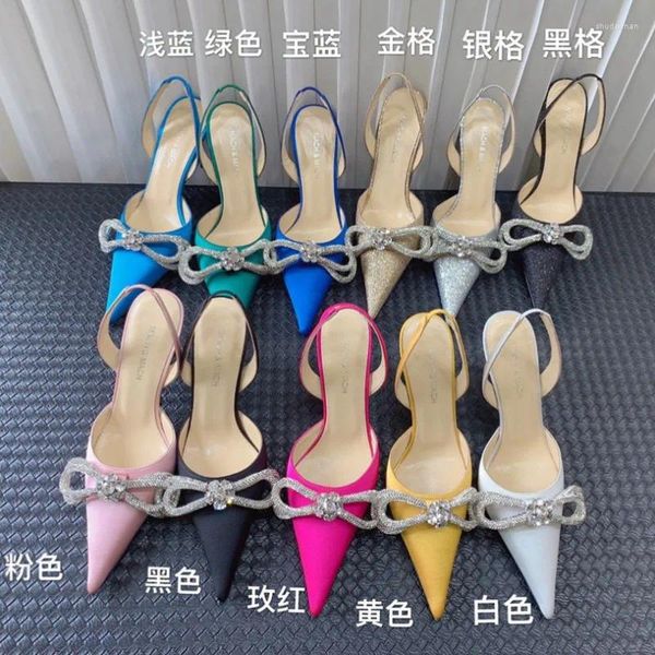 Sandalen Mach Doppelkristall Bogen Spitzer Zehenpumpe Knöchelgurt Ladies Designer Strassstein High Heels Satin Sprudeln Frauenschuhe