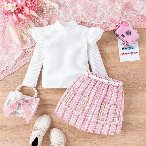 Roupas conjuntos de roupas infantil garotas de garotas saia de manga comprida Turtleneck com xadrez e faixa de outono
