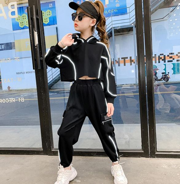 Çocuk kızları Set Siyah kapüşonlu sweatshirts yansıtıcı striptiz eşyası 2 adet takım elbise harem pantolon spor kıyafetleri hip hop eşofman 2020x15725996