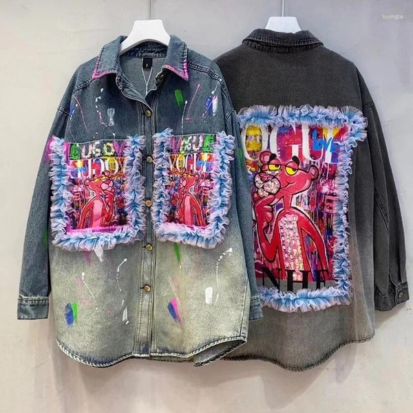 Blouses feminina Mulheres pintadas à mão diamantes com miçangas bolsos de graffiti camisas de jeans de casaco de renda de renda de spliced ​​shinstones jeans cowboy