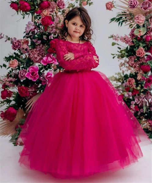 Mädchenkleider rot geschwollene Blumenkleid für Hochzeit O Hals Spitze Langarm Prinzessin Erste Kommunion Kid 1-14t