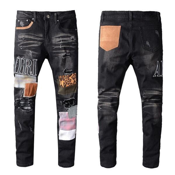 Hip Hop Men calça buracos amiryes leopard manchas de impressão de leopardo jeans preto gradiente de jeans Ripped juventude EUA