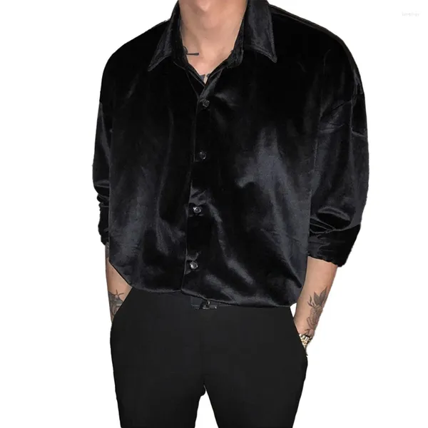 Camisas de vestido masculinas inspiradas em veludo inspirado na blusa de manga comprida Botão de ajuste solto colar de banda de camisa preto/vinho vermelho para festas