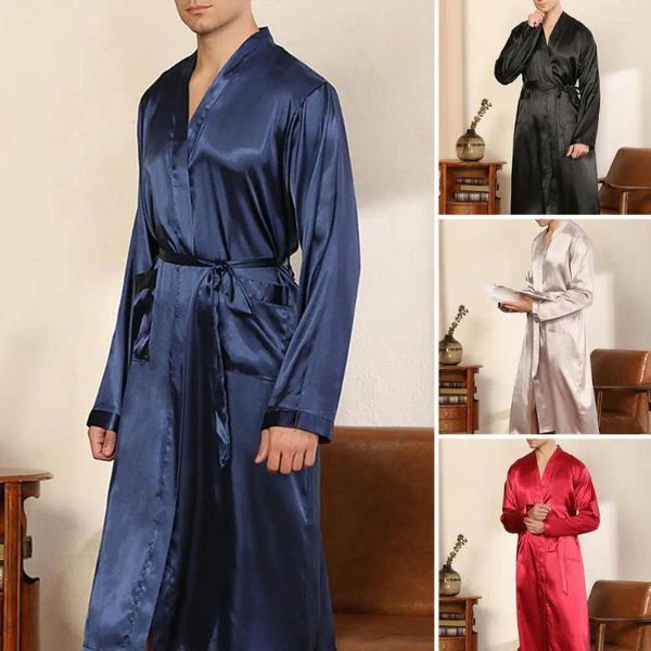 Men's Sleepwear Men Robe Robe Cor Solid S cetin V Lace de pescoço para cima Colo