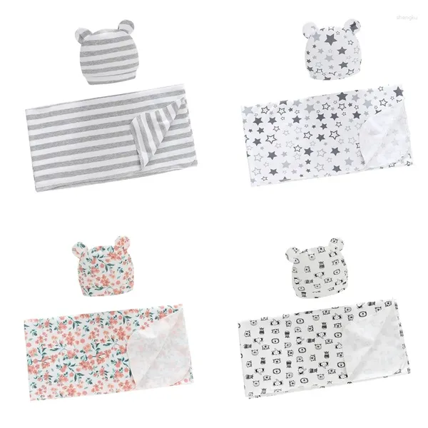 Decken 2 PCs Baby empfangen Deckenhut -Set Blumendruck gedruckt Sleepedsack Swaddle Wrap Cute Ohrs Beanies Turban Headwap Kit für Born