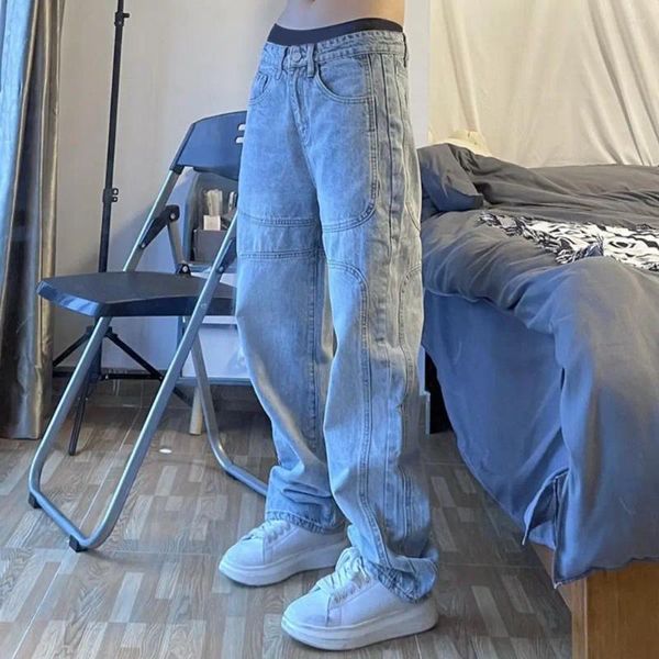 Jeans da uomo pantaloni pantaloni comodi pantaloni a gamba larga con morbida chiusura a fittoni con cerniera in tessuto traspirato