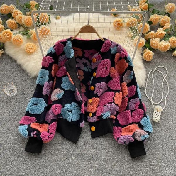 Giacche da donna Women Coat Cardigan Sleeve lunghe a petto singolo Fiore autunnale Elegante cuffia elastica inverno in stile francese vintage