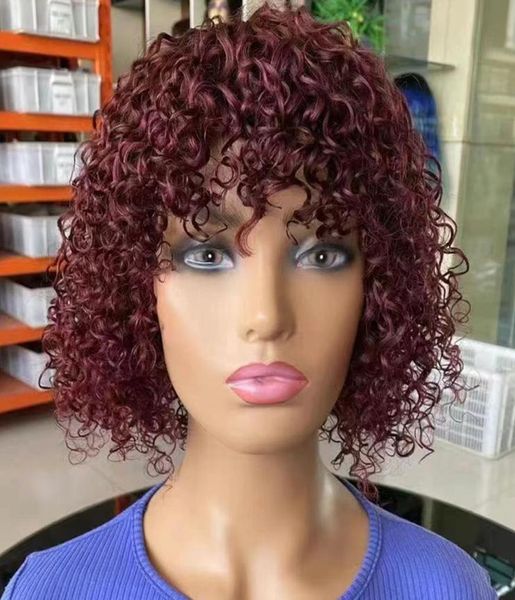 Brasilianer Remy Jerry Curly Human Hair Perücken mit Pony 150 Vollmaschine Kurzperiere 99J natürliche Farbe für Frauen2428283