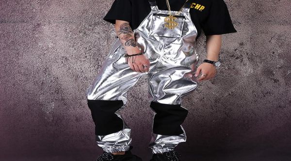 Men039s брюки мужчины уличная одежда хип -хоп панк серебряный кожаный комбинезон