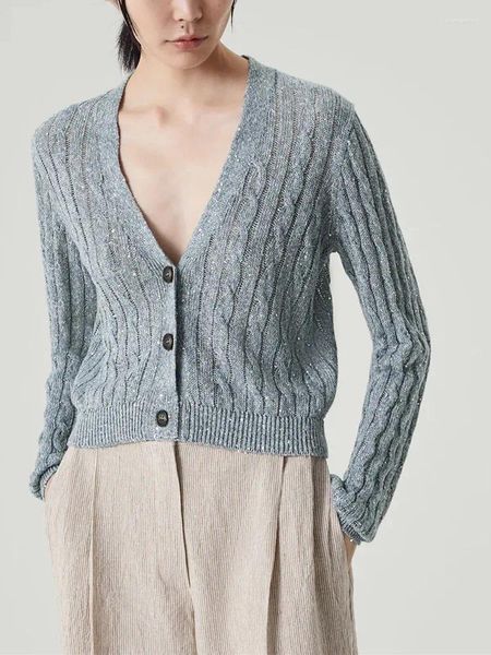 Kadın Örgü Kadınlar Kısa Örgü Sweater Hırka Uzun Kollu Derin V Yastık Tek Göğüslü Kadın Kayısı veya Gri Örgü Ceket 2023 Sonbahar