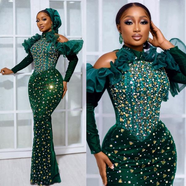 Luxuriöser Samt ASO EBI Prom Kleid Illusion Emerald Grüne Halter Langarm Shine Pailletten Abend formelle Kleider für besondere Anlässe Geburtstagsfeier Kleid NL123