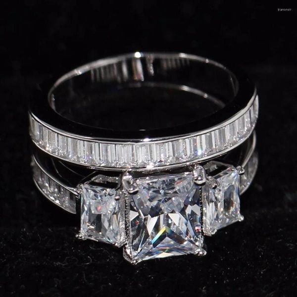 Anéis de casamento Tamanho 5-10 Jóias de luxo espumante 925 Princesa de prata esterlina Corte três pedras 5a zirconia feminino