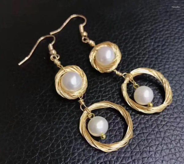 Orecchini doganici gioielli nobili fatti a mano da 7-8 mm Oreno di perle bianco d'acqua dolce naturale 9K oro