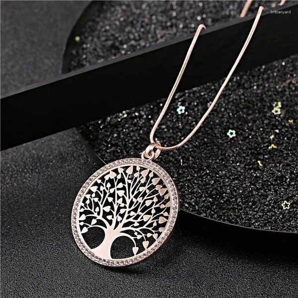 Anhänger Halsketten Trendy Tree of Life Crystal für Frauen elegante Roségold -Silber -Farbe weibliche lange Pullover Kette Schmuckgeschenke