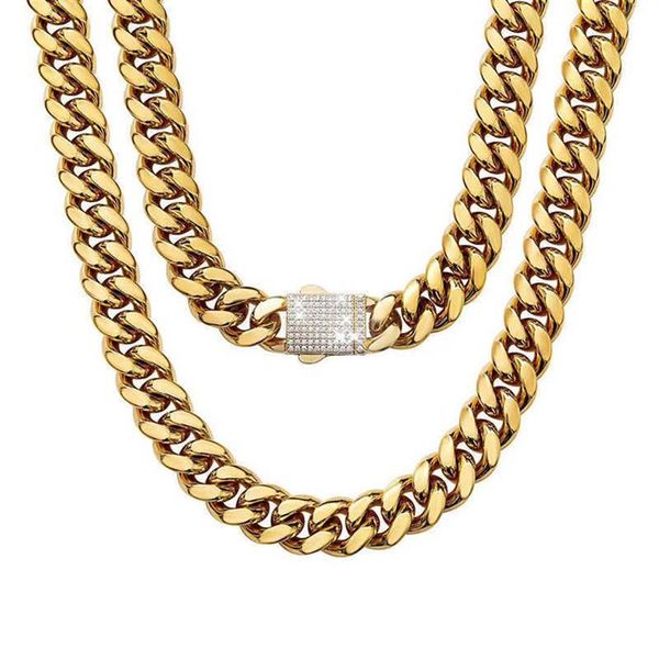 6-14mm genişliğinde paslanmaz çelik Küba Miami zincirleri kolyeler cz zirkon kutusu kilit büyük altın zincir erkekler hip hop rapçi mücevher305e