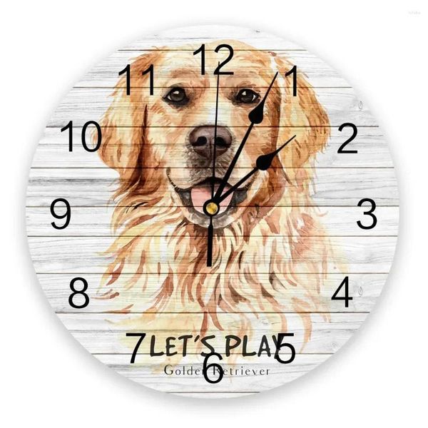 Relógios de parede Golden Retriever Dog Wood Plank Silent Home Cafe Decoração de escritório para arte da cozinha grande