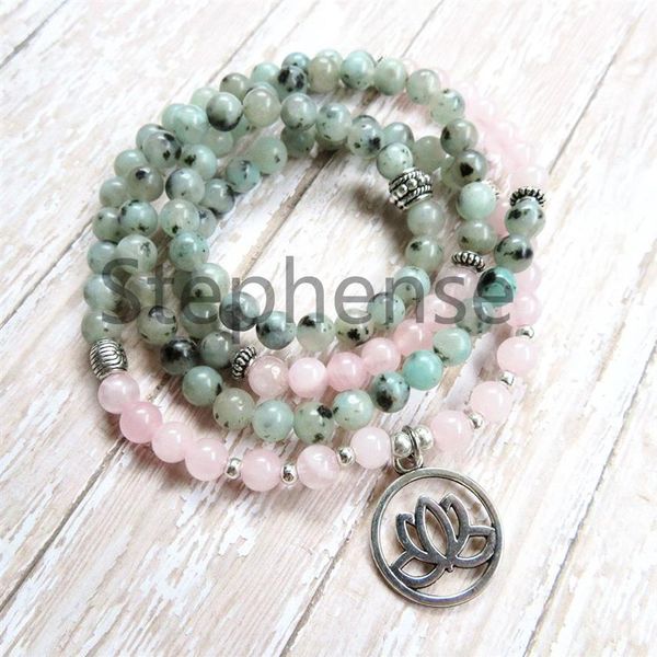 Mg0631 6 mm kiwi jasper lotus fiore fascino bracciale rosa quarzo 108 mala yoga braccialetto femminile polso mala braccialeta267z