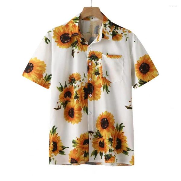 Camisas casuais de masculino Camisa de verão fantástica de impressão colorida atraente, todos combinam com o padrão de girassol Men Flower Print