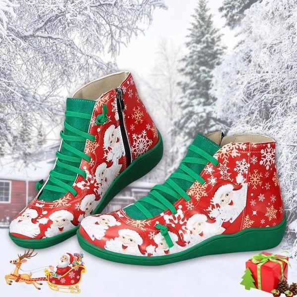 Stiefel Frauen Winter Schnee echtes Leder -Knöchel Frühling flache Schuhe 3D bedruckte Farbe passende Weihnachtsseite Reißverschluss
