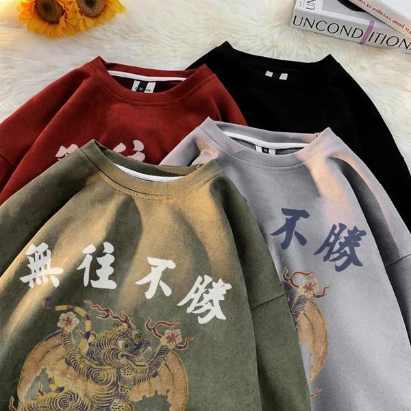 Erkek Hoodies Uçan Kaplan Grafik Erkekler Süet Deri Çin tarzı Vintage Unisex Giyim Sonbahar Y2K Erkek Gevşek Sweatshirt