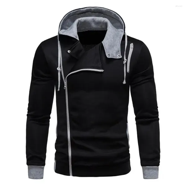 Hoodies masculinos com zíper diagonal Capuz abotoado homens assimétricos com manga comprida de mangueira elástica de cordão