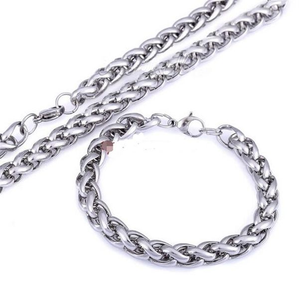 24'' 8 5'' Pure 316L Stainless Steel Silver HUGE 6mm wide wheat Rope chain link Chain Necklace & Bracelet Mens257Q