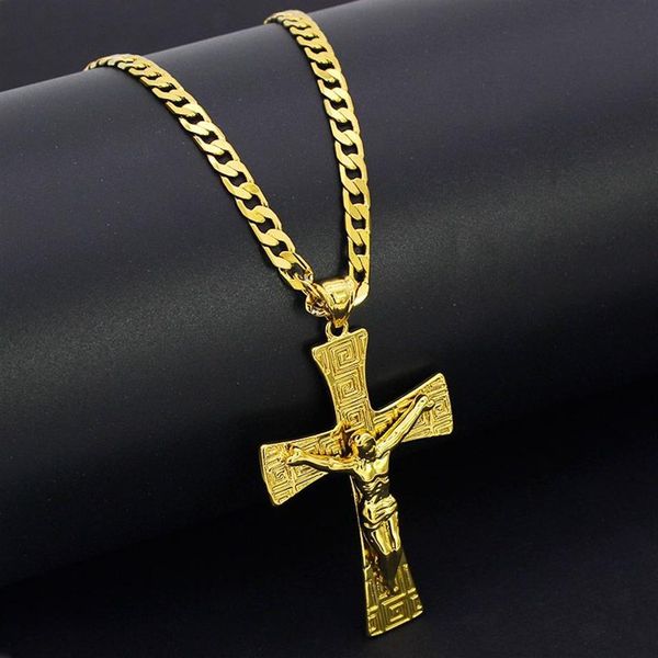 Solide 18k gelb feines golden gf Jesus breitem Kreuz großer Anhänger 55 35 mm mit 24 -Zoll -Miami -Kubankette 600 5mm295o