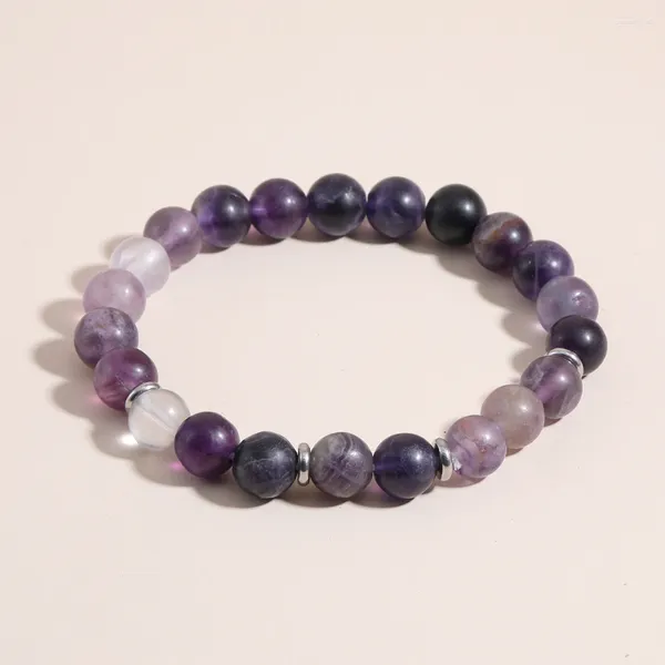 Strand Yuokiaa Naturale semi preziosa gemella di gemma spirituale guarigione spirituale calmante fluorite viola fluorite a mano da 8 mm Bracciale distanziale d'argento