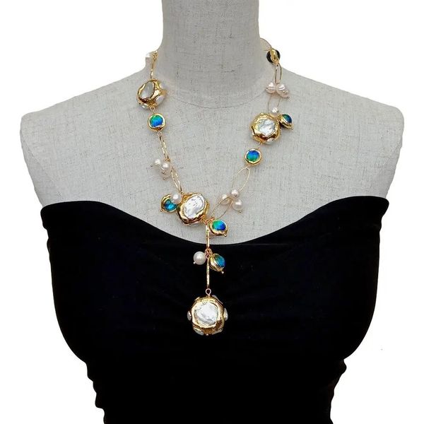 Yygem Blue Murano Glas Süßwasser kultiviert weiße Keshi Perlen Goldgefüllte Kette Halskette 21 