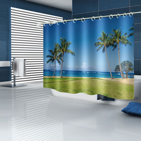 Трехмерная водонепроницаемая занавеска для душа голубые пляжные шторы 3D -печать душевой занавес