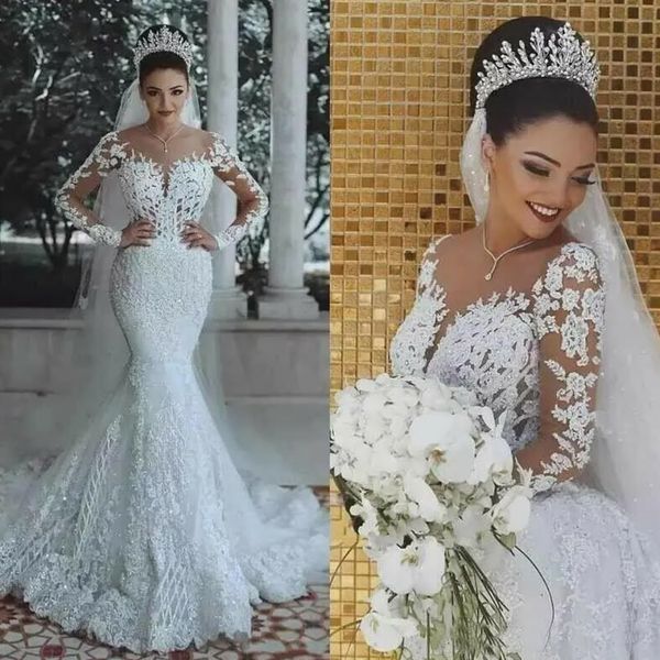 Sbalorditivo 2024 moderni nuovi romantici splendidi abiti da sposa sirena a maniche lunghe perdono appliques da sposa da sposa in pizzo