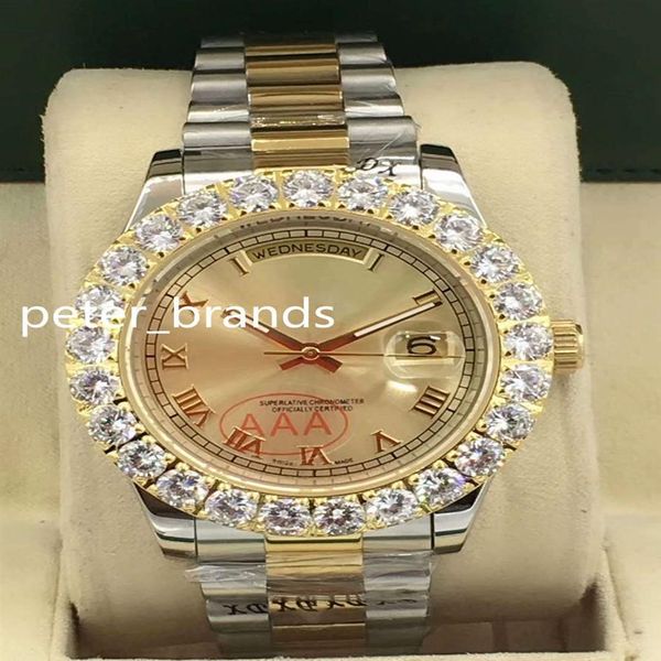 43 mm Big Diamond Watch Movement Automatic Men Watch Black Gold Dial Two Tone Tone 316 Banda inossidabile Set Shiping295L