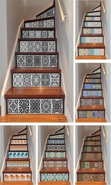 Yazi 6pcs Removável Etapa Auto-adesivo Esquesado Adesivo Telas de cerâmica Pvc Stair Wallpaper Decal Stairway Decor 18x100cm 2012012724286