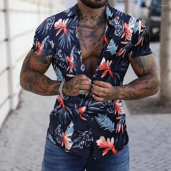 Herren lässige Hemden 2023 Hawaiianer Sommer kurzärmelig Blumengrafik Beach Tops V-Neck Schlanker Fit T-Shirt 5xl-Knopf übergroße lose Hemd