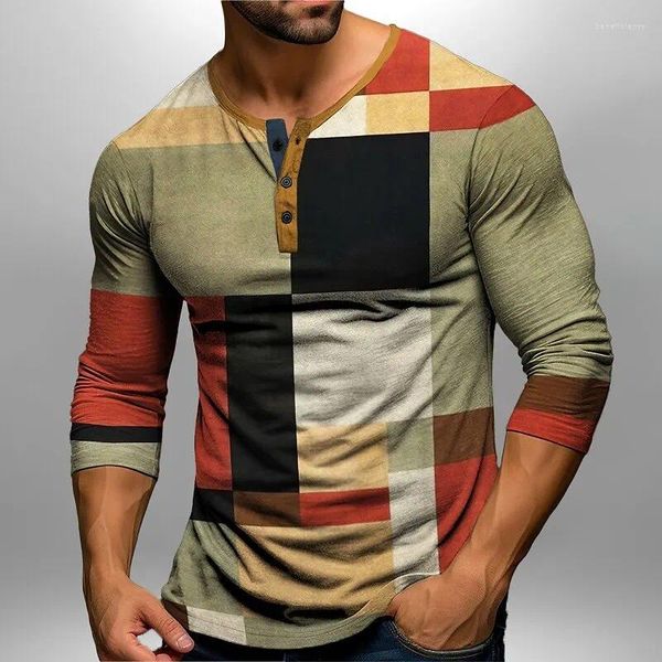 Herren T-Shirts Gitter Vintage T-Shirt Baumwolle Tee Farbe Schwarz Grafikhemd Druck lässig Langarm übergroße Männer Kleidung Tops