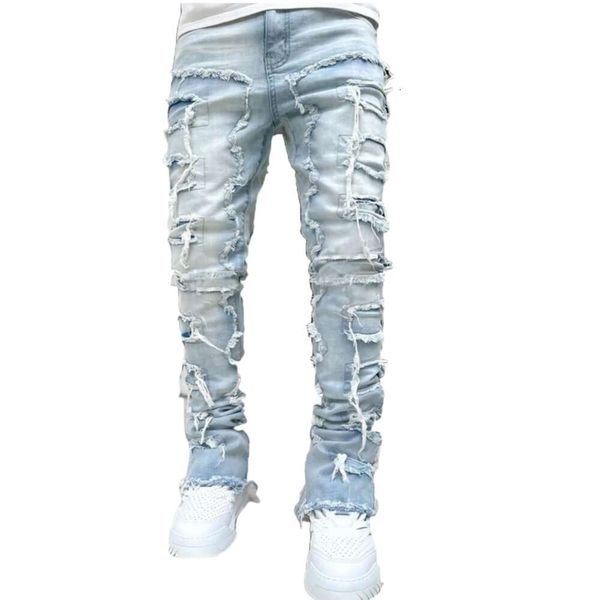 Purple Jeans Designermode Herren-Stack-Jeans Lila Regular Fit Stacked Patch Distressed Destroyed Straight Denim-Hosen Streetwear-Kleidung CXG92526