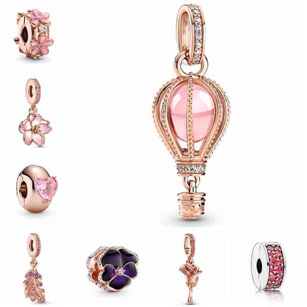 925 Sterling Silber Dangle Charme Roségold Kiefern Kegel Feder Blumenperlen Perlen Fit Pando Charm Armband DIY Juwely Accessoires