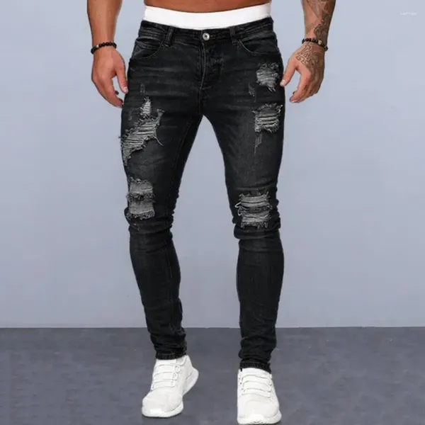 Jeans masculinos Men Straight Fit Button-Zip Fechamento elegante rasgado com tecido esbelto e respirável para Hip Hop