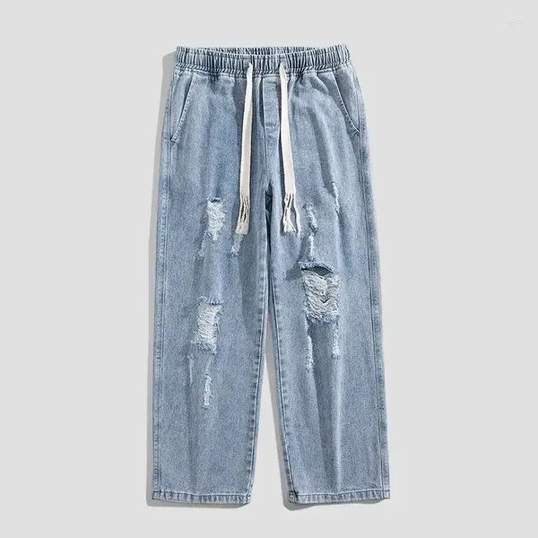 Jeans masculinos Foufurieux Hip Hop Summer quebrado perna larga calça reta de calças de jeans elástica de rua de rua americana
