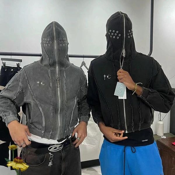 Erkek Hoodies Street Hip-Hop Thug Kulübü maskeli vintage fermuar, hırka yıkanır eski batik birleştiren kapüşonlu ceket unisex