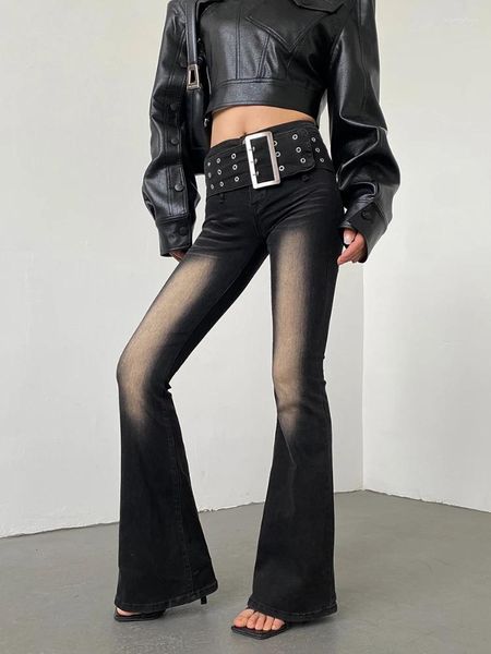 Женские джинсы Adagirl Black Flared Pants Женщины Y2K Свободный ремень моды с высокой талией срезан