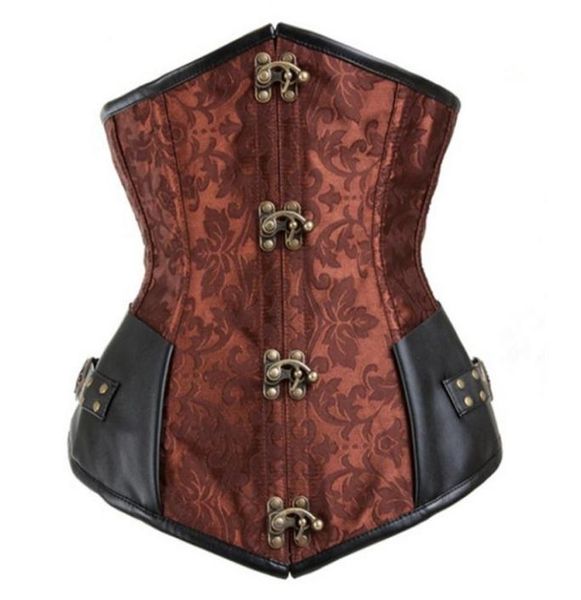 Mulheres góticas steampunk marrom preto 12pcs aço brocado Jacquard Underbust Corsets com Pu Leather Patchwork Sexy Cinch Cinch8521360