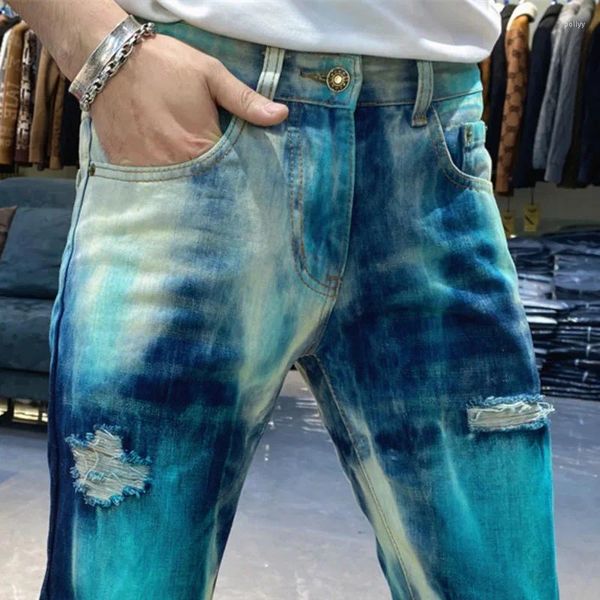 Jeans masculinos 2024 Mens elásticos Buraco quebrado Painted Biker Jean Fashion Street Slim Fit Denim Pants Men Punk Straight Straight