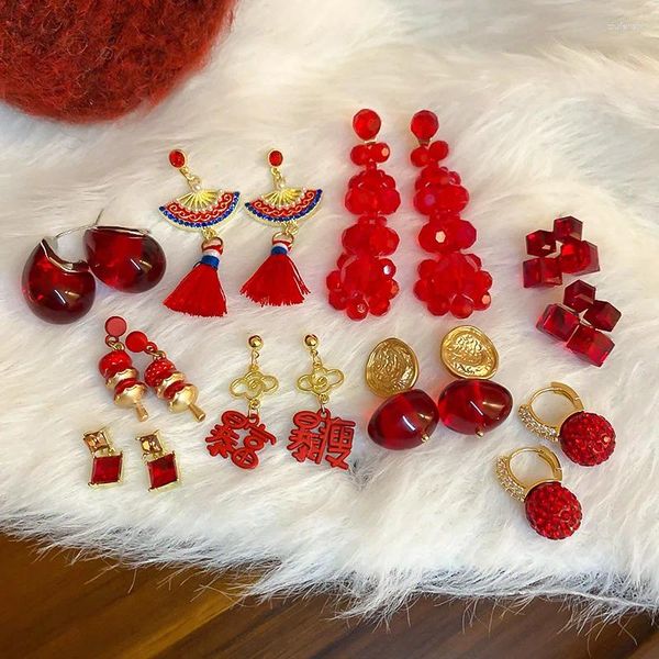 Brincos dangle Minar estilo chinês Múltiplo de esmalte vermelho resina shinestone pérola tassel fã letra de bola gota para mulheres joias