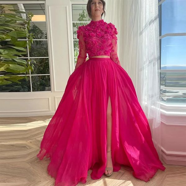 3D Çiçek Aplikler Fuşya Prom Elbiseler İki Parçalı Uzun Kollu Şifon Bir Çizgi Özel Durum Gowns Ön bölünmüş yüksek boyun gece elbisesi 2024
