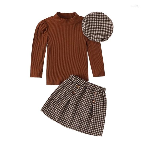 Set di abbigliamento Girls Cotton Casual a coste a maniche lunghe e berretti per gonna a quadri Cappello da 3 pezzi per bambini autunno