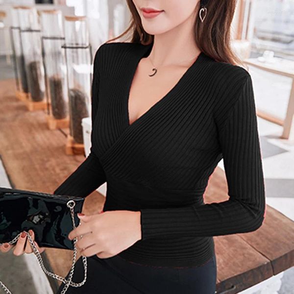 Maglioni femminili qoerlin autunno inverno inverno coreano a strisce a strisce a strisce a bassa camicia sexy a netto a v-collo mostra top versatili sottili