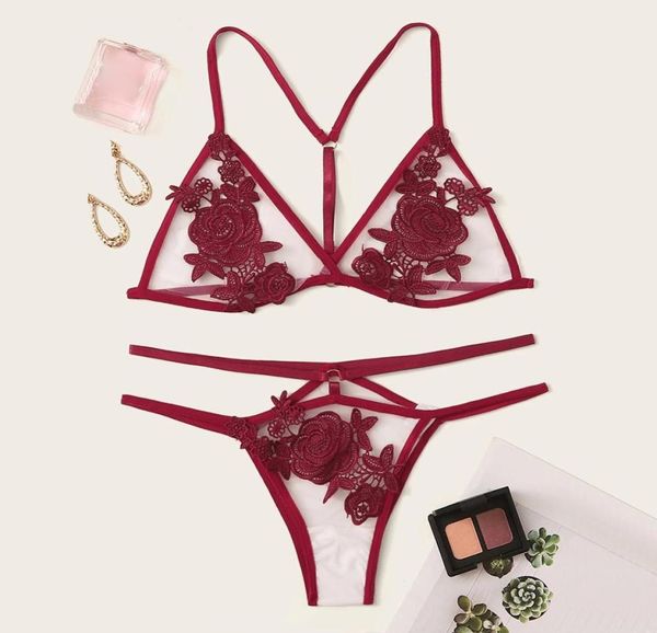 Set di biancheria intima da donna set reggiseno sexy fiore ricamato in pizzo reggiseno per sonno abbigliamento rosso set1848484