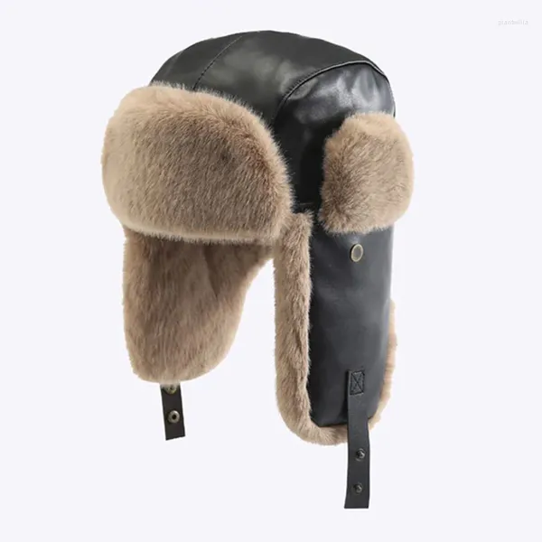 Boinas de boina de inverno Faux Fur à prova de vento Chapéu de bombardeiro para homens homens ao ar livre espessado Ear aquecido piloto piloto russo Chapéus de esqui