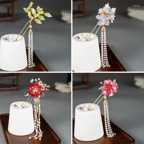 Hair Clips Pearl Tassel Hairpin Stick Chinese para mulheres Red Flok Floral Flop Tiaras Vintage Hanfu Jóias